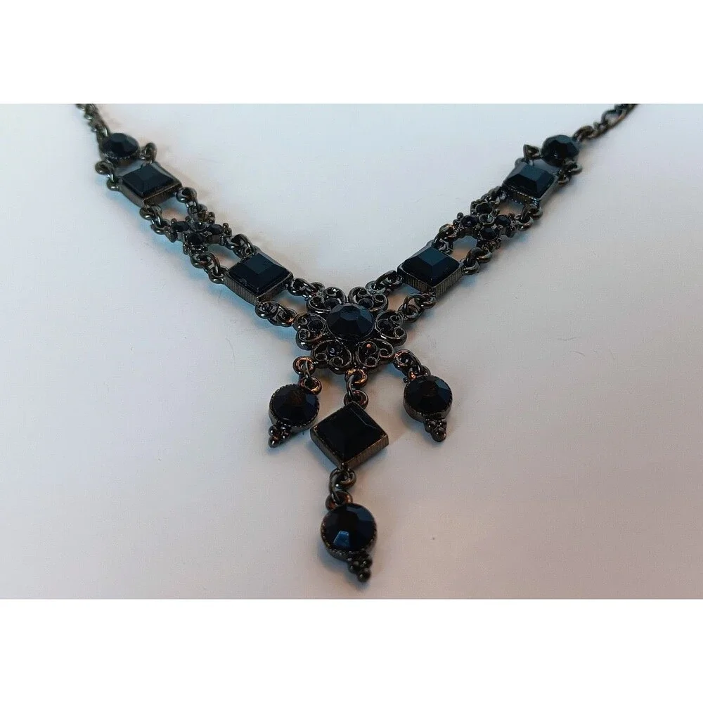 Victorian Revival Black Rhinestone & Gunmetal Y Drop Necklace 17-20 in